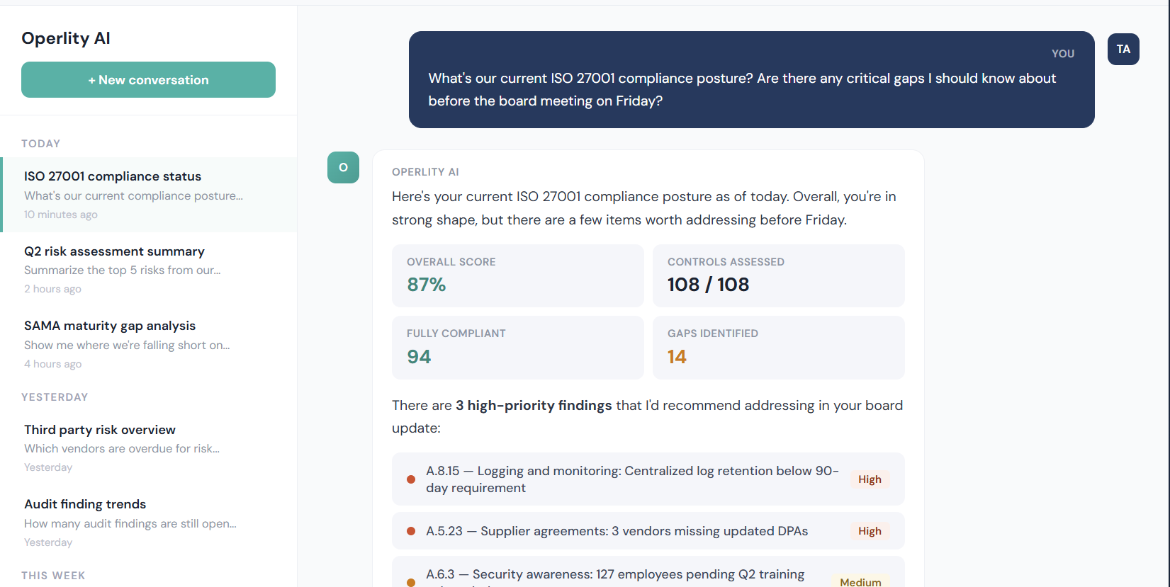 Helios AI Assistant conversation showing tool-call planning and approval flow for fetching risk register data